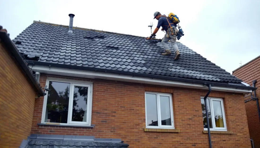 Couvreur au travail sur une toiture à Charleroi